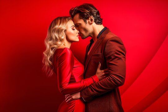 portrait de couple de jeunes amoureux sophistiqu&eacute;s et habill&eacute;s en rouge s'embrassant &agrave; la Saint-Valentin sur fond rouge.