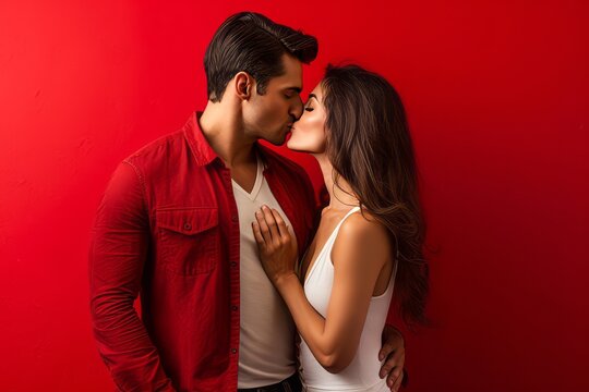 portrait d'un couple de jeunes amoureux s'embrassant à la Saint-Valentin.