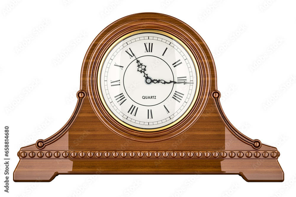 Poster retro chimes mantle clock, shelf clock, front view. 3d rendering isolated on transparent background