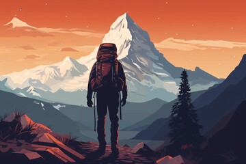 Graphic cartoon poster of a man hiking on the top of a mountain peak