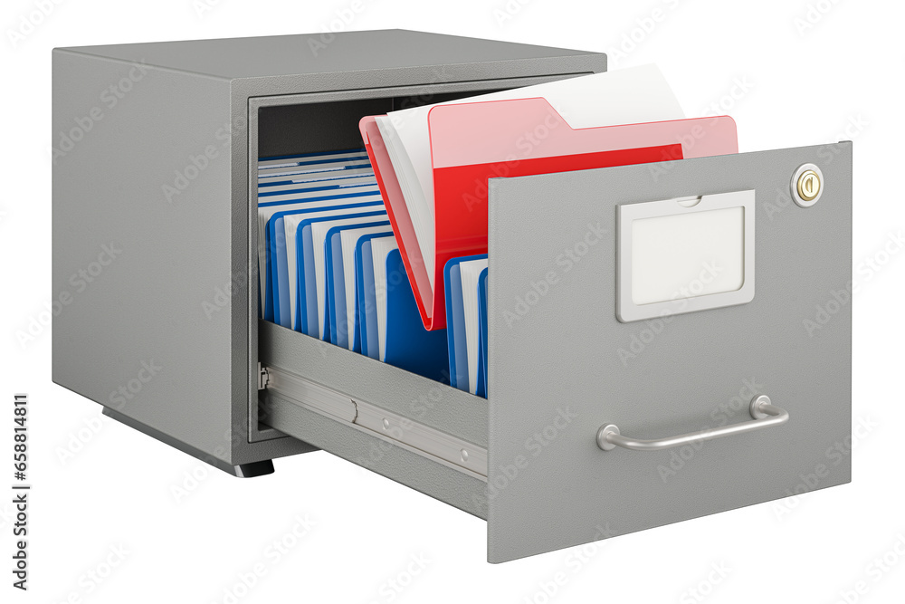 Poster filing cabinet with folders, 3d rendering isolated on transparent background