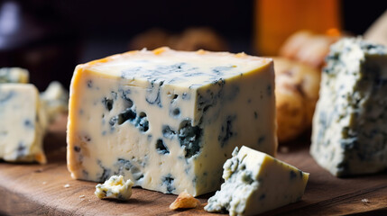 Blue gorgonzola cheese on rustic wooden background - obrazy, fototapety, plakaty