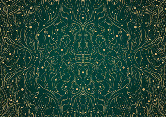 Hand-drawn unique abstract gold ornament on a dark green cold background, with vignette of darker background color and splatters of golden glitter. Paper texture. A4. (pattern: p11-2a)