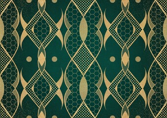 Hand-drawn unique abstract gold ornament on a dark green cold background, with vignette of darker background color and splatters of golden glitter. Paper texture. Digital artwork, A4. (pattern: p12b)