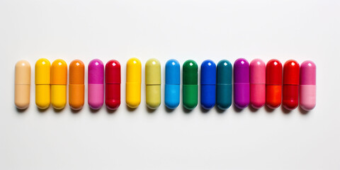 Banner for World Sexually Transmitted Disease Day of World Cancer Day. Tablets and capsules in all colors of the rainbow. Poster for pharmaceutical add - obrazy, fototapety, plakaty