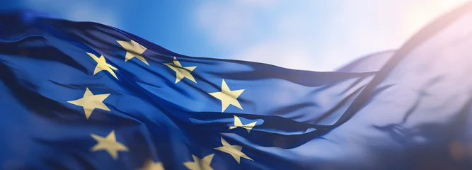 Gartenposter Flag of European Union waving in the breeze against a sunset sky. Banner with EU flag. © MNStudio