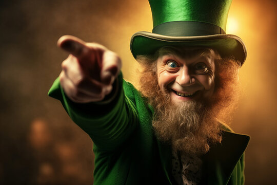 Mischievous Irish leprechaun wearing green suit and green hat pointing at camera. Celebrating St. Patrick's Day in Ireland.