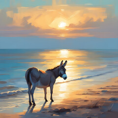 Obraz na płótnie Canvas Burro na beira da praia no litoral brasileiro. burrinho cinza na areia do mar em um lindo pôr do sol. burrinho na praia ao nascer do sol.