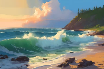 Fototapeten Pequenas ondas na beira da praia nos Estados Unidos. Onda quebrando na costa americana. © SuperTittan