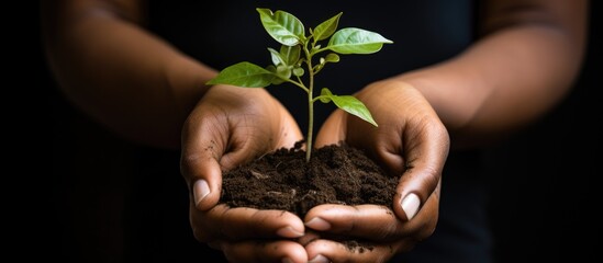 African American woman s hands nurturing earth on Earth Day promoting sustainability agriculture...