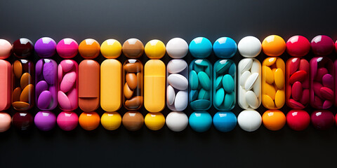 Tablets and capsules in all colors of the rainbow. Banner for pharmaceutical add - obrazy, fototapety, plakaty