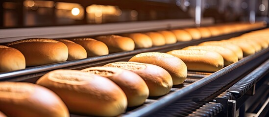 Automated conveyor belt moves bread in a bakery With copyspace for text