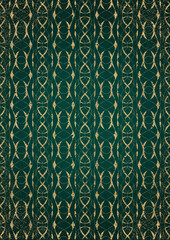 Hand-drawn unique abstract gold ornament on a dark green cold background, with vignette of darker background color and splatters of golden glitter. Paper texture. A4. (pattern: p10-3f)