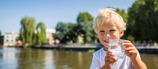 Blond boy enjoying park and water on a hot day With copyspace for text