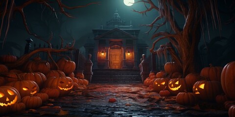 halloween night sceen scary haunted house pumkins jack-o-lanterns background cinematic