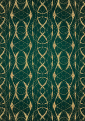 Hand-drawn unique abstract gold ornament on a dark green cold background, with vignette of darker background color and splatters of golden glitter. Paper texture. A4. (pattern: p10-4e)