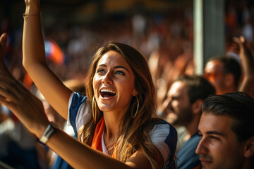 Female fans of soccer, women on the stand of soccer, supporting their favorite team, emotions joy laughter and shouts of joy and support fan club