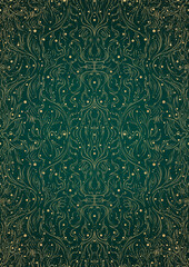 Hand-drawn unique abstract gold ornament on a dark green cold background, with vignette of darker background color and splatters of golden glitter. Paper texture. A4. (pattern: p11-2d)