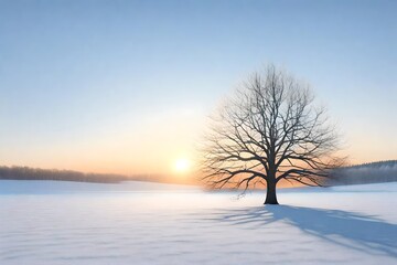 Fototapeta na wymiar A photorealistic 3D rendering of a winter tree standing alone in a field at dawn, similar to the reference image. 