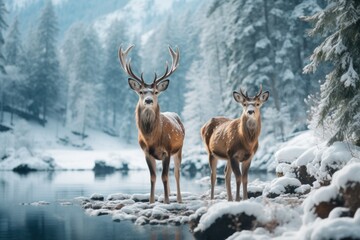  two deer standing in the snow on the lake covered landscape, in the style of mysterious backdrops
