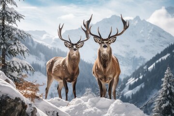 Naklejka na ściany i meble two deer standing in the snow on mointains covered landscape, in the style of mysterious backdrops