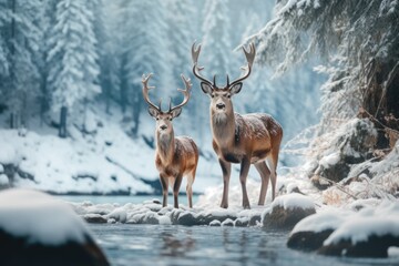  two deer standing in the snow on the lake covered landscape, in the style of mysterious backdrops