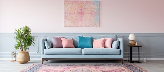 Pink and blue patterned carpet in living room with sofa against white wall and painting With copyspace for text