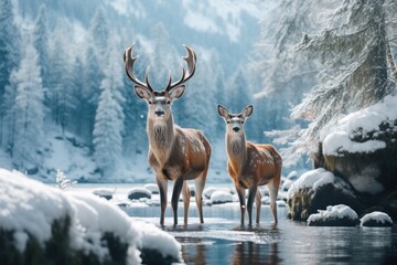  two deer standing in the snow on the lake covered landscape, in the style of mysterious backdrops