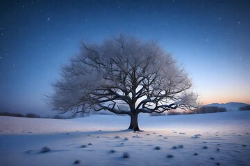 A photorealistic 3D rendering of a winter tree standing alone in a field at dawn, similar to the reference image.