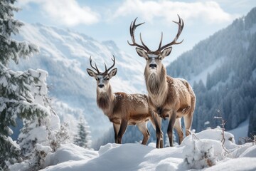 Naklejka na ściany i meble two deer standing in the snow on mointains covered landscape, in the style of mysterious backdrops