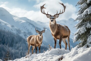 two deer standing in the snow on mointains covered landscape, in the style of mysterious backdrops