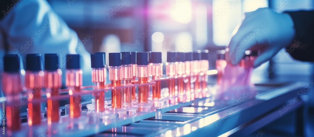 Aufkleber analyzing blood samples in a lab using a chemical hand and various experiments with copyspace for te