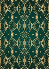 Hand-drawn unique abstract gold ornament on a dark green cold background, with vignette of darker background color and splatters of golden glitter. Paper texture. A4. (pattern: p12e)