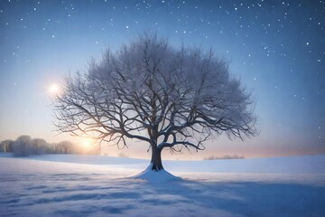 A photorealistic 3D rendering of a winter tree standing alone in a field at dawn, similar to the reference image.