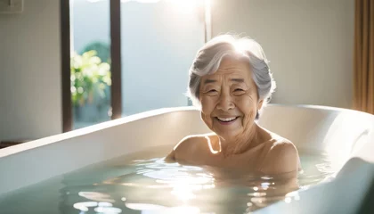 Foto op Canvas Elderly asian lady enjoying a hot bath with copy space © cobaltstock