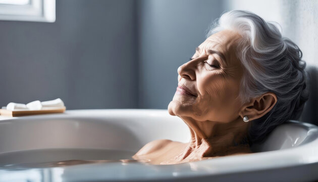 Elderly lady enjoying her bath with copy space