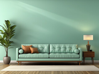 Living room home interior background. Empty Teal wall mock up.