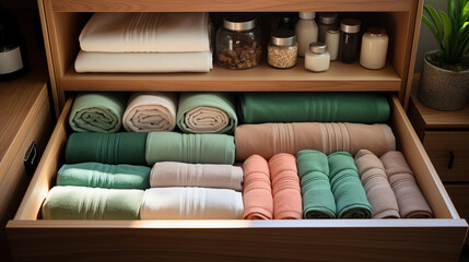 Fototapeta na wymiar Close up top view of an open drawer with folded towels