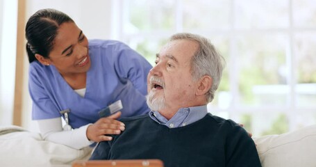 Happy woman, nurse and elderly care for support, love or healthcare in trust on living room sofa at home. Female person, medical caregiver and senior patient in nursing, help or retirement at house - Powered by Adobe