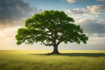 Fototapeta na wymiar A photorealistic 3D rendering of a lonely green oak tree in a field. 