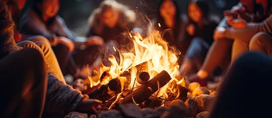 Papier Peint photo Lavable Camping Hand of woman warming on campfire Asian friends sitting around campfire at night Friends camping near bonfire on winter vacation at night With copyspace for text