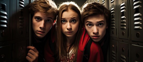 Teenagers gather by lockers in high school hallway With copyspace for text