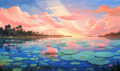 Pink sunset or sunrise over the lake with water lilies and pads in the style of 2D illustration
