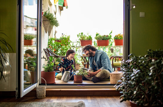 Young father and son watering the plants together on the balcony of their apartment
