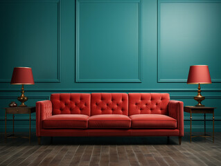 Living room home interior with red sofa background. Empty Teal wall and mock up.