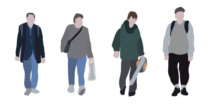 A man walks down the street in autumn clothes. 2D image to use as entourage. Flat city vector infographic.