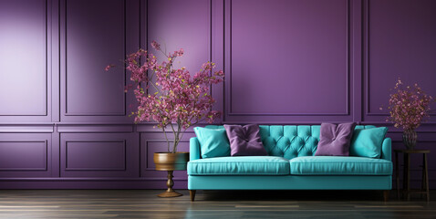 Living room home interior background. Empty Violet wall mock up