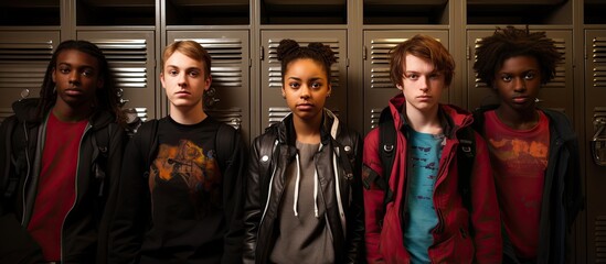 Diverse high school students near lockers With copyspace for text