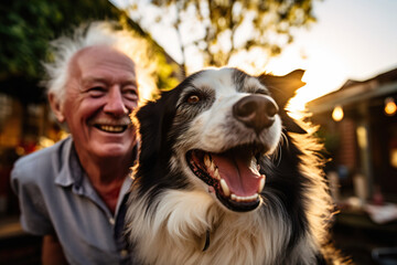 Cheerful older gentleman, plays fetch with his spirited Border Collie in a spacious backyard