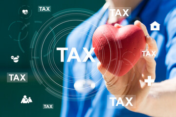 Doctor hand presses button tax in healthcare and medical on virtual interface. - 658818648